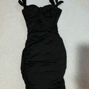 Black, Mini dress, Tie up sleeves.